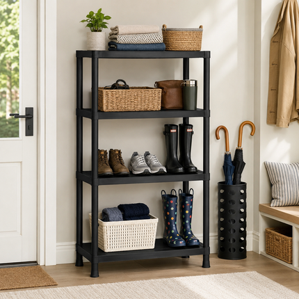 Storage Shelving 4 Tier Black Plastic Rack Pack 2 Home Garage