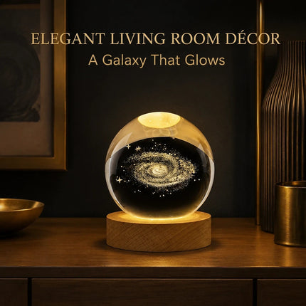 3D Engraved Galaxy Crystal Ball Night Light 6cm USB Wooden Base Warm White + RGB
