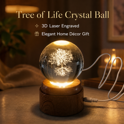 Tree of Life Crystal Ball 6cm LED Night Light Rotating Base USB Warm White + RGB
