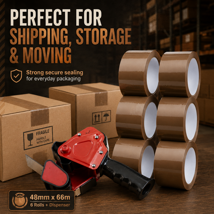 Tape Gun Dispenser with 6 Brown or Clear Packing Tape Rolls 48mm x 66m