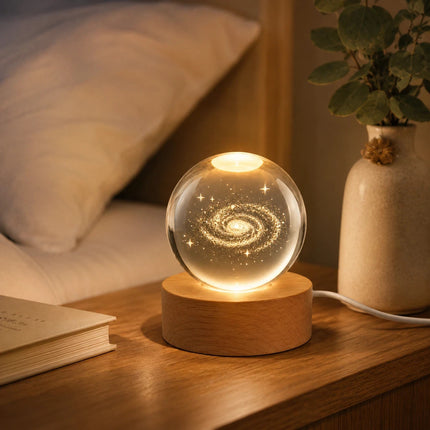 3D Engraved Galaxy Crystal Ball Night Light 6cm USB Wooden Base Warm White + RGB