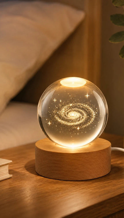 6cm Galaxy Crystal Ball LED Night Light with Wooden Base