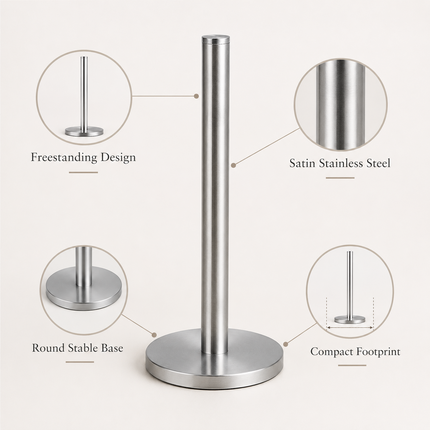 Kitchen Roll Holder Stainless Steel Freestanding Paper Towel Stand Silver 32.5cm