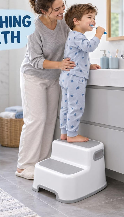 Kids Double Step Stool Non-Slip Bathroom Sink Toilet Carry Handles White Grey