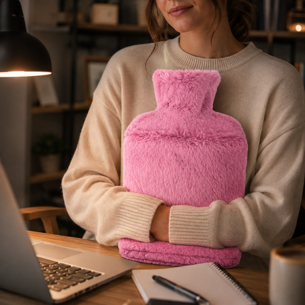2L Hot Water Bottle with Soft Faux Fur Cover Leakproof Winter Warmer – Pink