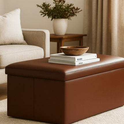 Faux Leather Folding Ottoman Seat Stool Storage Box Home Footstool Double Brown