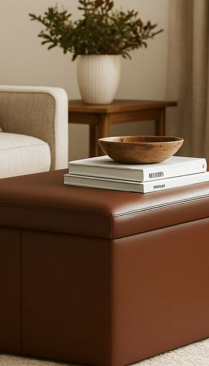 Faux Leather Folding Ottoman Seat Stool Storage Box Home Footstool Double Brown