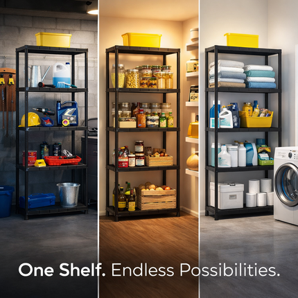 5 Tier Black Plastic Storage Shelving Rack Unit for Home Garage Workshop