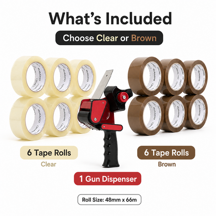 Tape Gun Dispenser with 6 Brown or Clear Packing Tape Rolls 48mm x 66m
