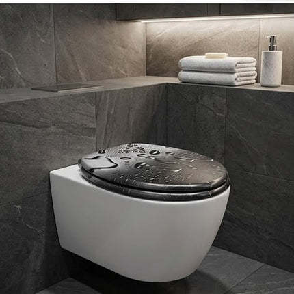 18" Universal Toilet Seat Black Water Droplets Easy Fit Wooden Bathroom WC Seat