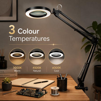 3X Magnifying Desk Lamp LED Light Dimmable 3 Light Colour Step Dimming Swing Arm
