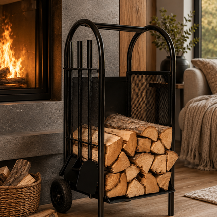 Firewood Log Cart Wheeled with 3 Tools Black Steel Fireplace Log Holder Set