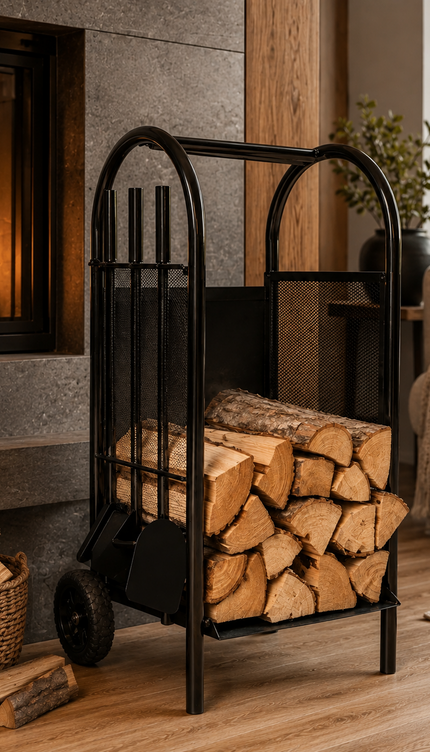 Firewood Log Cart Wheeled with 3 Tools Black Steel Fireplace Log Holder Set
