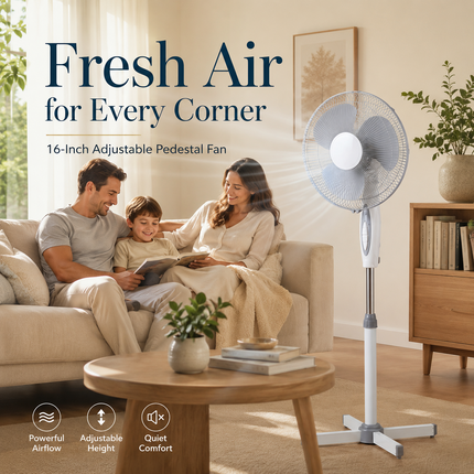 16” Fan Pedestal Oscillating Adjustable Height 3 Speed Powerful Airflow