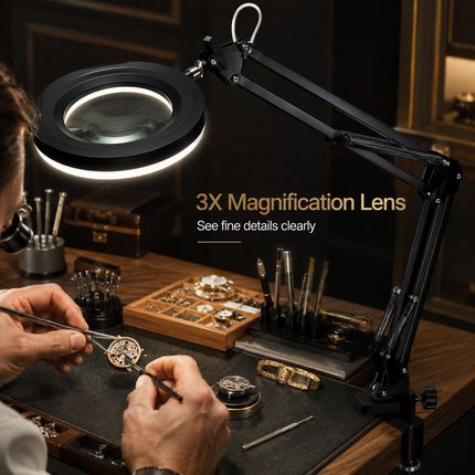 3X Magnifying Desk Lamp LED Light Dimmable 3 Light Colour Step Dimming Swing Arm