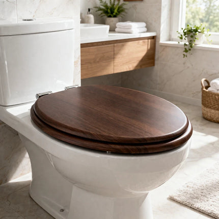 Universal Toilet Seat Dark Brown Wooden MDF Bathroom WC Easy Fit With Fittings