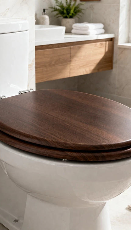 Universal Toilet Seat Dark Brown Wooden MDF Bathroom WC Easy Fit With Fittings