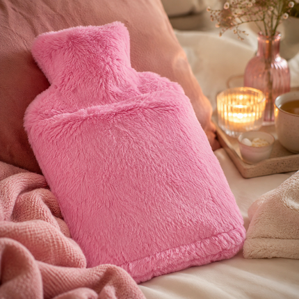 2L Hot Water Bottle with Soft Faux Fur Cover Leakproof Winter Warmer – Pink