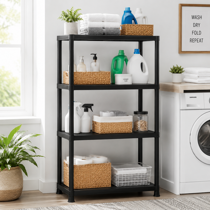 Storage Shelving 4 Tier Black Plastic Rack Pack 2 Home Garage