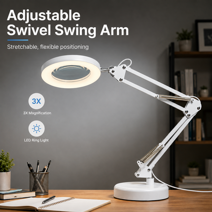 3X Magnifying Glass LED Desk Lamp Stepless Dimmable 3 Colour Swing Arm