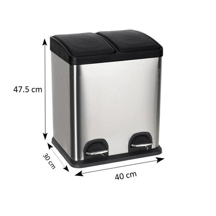 Dual Compartment Recycling Pedal Bin 2x15L Stainless Steel Kitchen Waste Bin