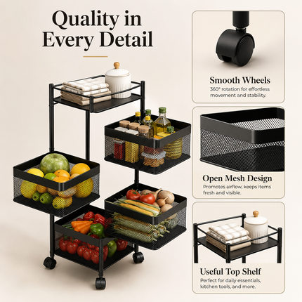 Storage Rack 5 Tier Rotating Kitchen Vegetable Trolley Cart Organizer Shelf