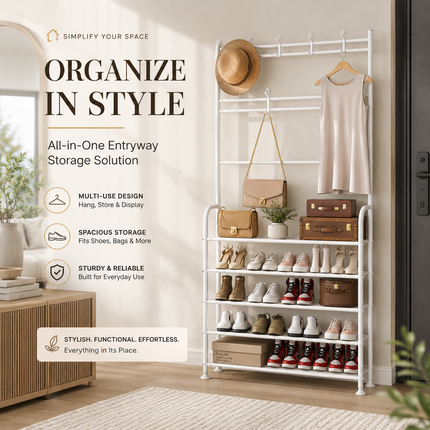 Coat Shoe Rack 5 Tier Entryway Storage Organizer Bench White