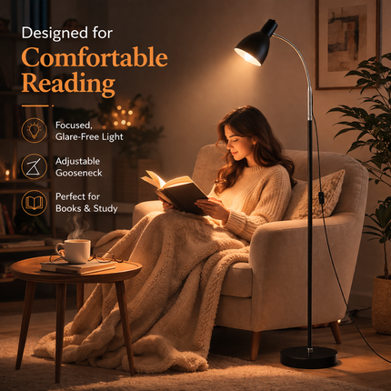 Metal Floor Lamp with Adjustable Neck & Heavy Base, Perfect for Reading & Office