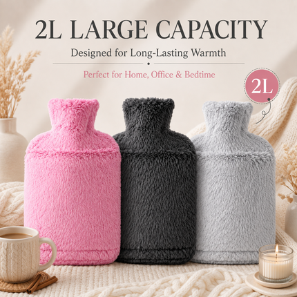Hot Water Bottle Faux Fur Cover 2L Soft Leakproof Heat Bag Winter Warmer