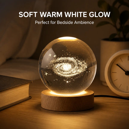 Galaxy Crystal Ball Night Light 8cm 3D Engraved - Wooden Base Warm White + RGB