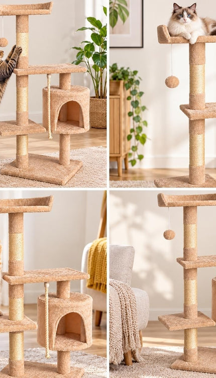 Multi Level Cat Tree 120cm Sisal Scratching Post Hammock Condo Climbing Tower