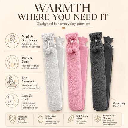 Extra Long 2.2L Hot Water Bottle with Soft Fleece Cover Neck Back Pain Relief