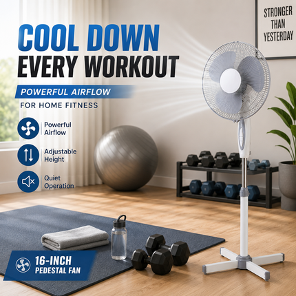 16” Fan Pedestal Oscillating Adjustable Height 3 Speed Powerful Airflow