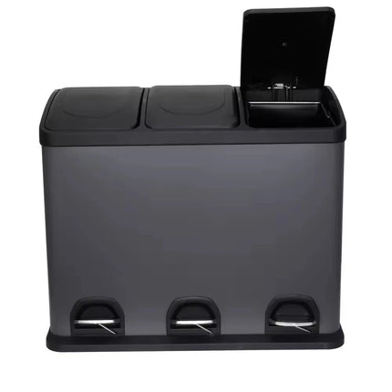 45L Kitchen & Office Pedal Bin Triple Compartment Stainles Steel Recycling 3x15L
