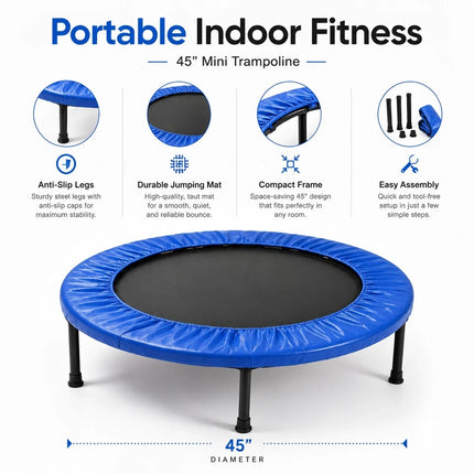 Mini Fitness Trampoline Blue Cardio Workout Exercise Portable Rebounder 45 Inch