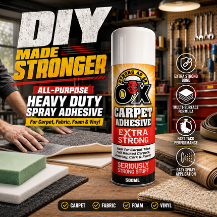 Adhesive Glue Spray Heavy Duty Strong OX Foam For Carpet Tile Fabric Vinyl 500ML