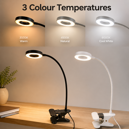 LED Gooseneck Clip Desk Lamp USB Dimmable 3 Colour Modes 10 Brightness Level