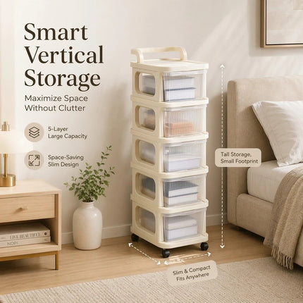 5 Tier Storage Trolley Drawers Plastic Office Home Kitchen Organiser With Wheels