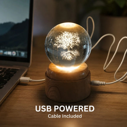 Tree of Life Crystal Ball 6cm LED Night Light Rotating Base USB Warm White + RGB