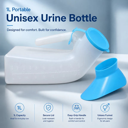 Unisex Urinal Bottle 1L Men & Women Spill-Proof Funnel Portable Bedside Travel