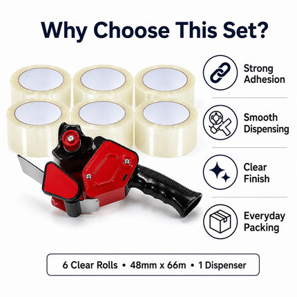 Tape Gun Dispenser with 6 Brown or Clear Packing Tape Rolls 48mm x 66m