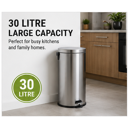 Pedal Bin 30L Stainless Steel Office Kitchen Bathroom Rubbish Waste Trash Can