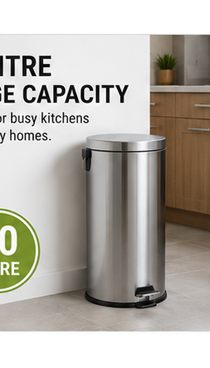 Pedal Bin 30L Stainless Steel Office Kitchen Bathroom Rubbish Waste Trash Can