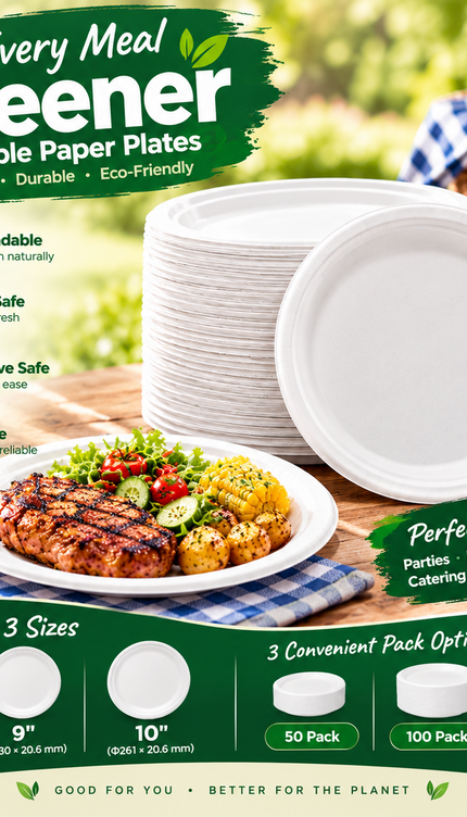Disposable Paper Plates White Biodegradable Sugarcane Plates Party BBQ Picnic