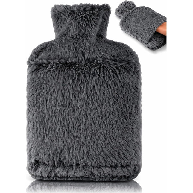 Hot Water Bottle 2L with Soft Faux Fur Cover Leakproof Winter Warmer Dark Grey