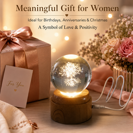 Tree of Life Crystal Ball 6cm LED Night Light Rotating Base USB Warm White + RGB