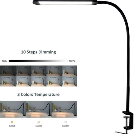 LED Desk Lamp with Clamp Stepless Dimming Modes 2700-6000K Office Desk WorkLight