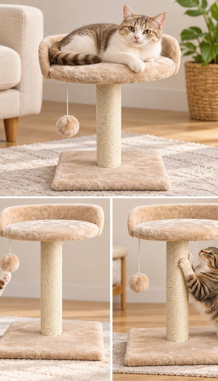 Compact Cat Tree 41cm Sisal Scratching Post Soft Plush Bed Hanging Ball Toy