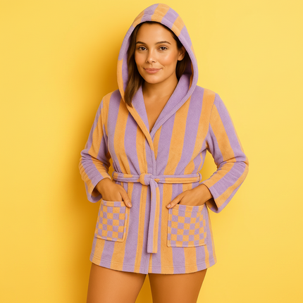 Small purple & Yellow Unisex Cotton Terry Bathrobe Gown Soft Spa Robe Men Women