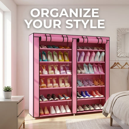 6 Tier Shoe Rack Pink Fabric Canvas Shelf Storage Cabinet Organiser 107 x 102cm